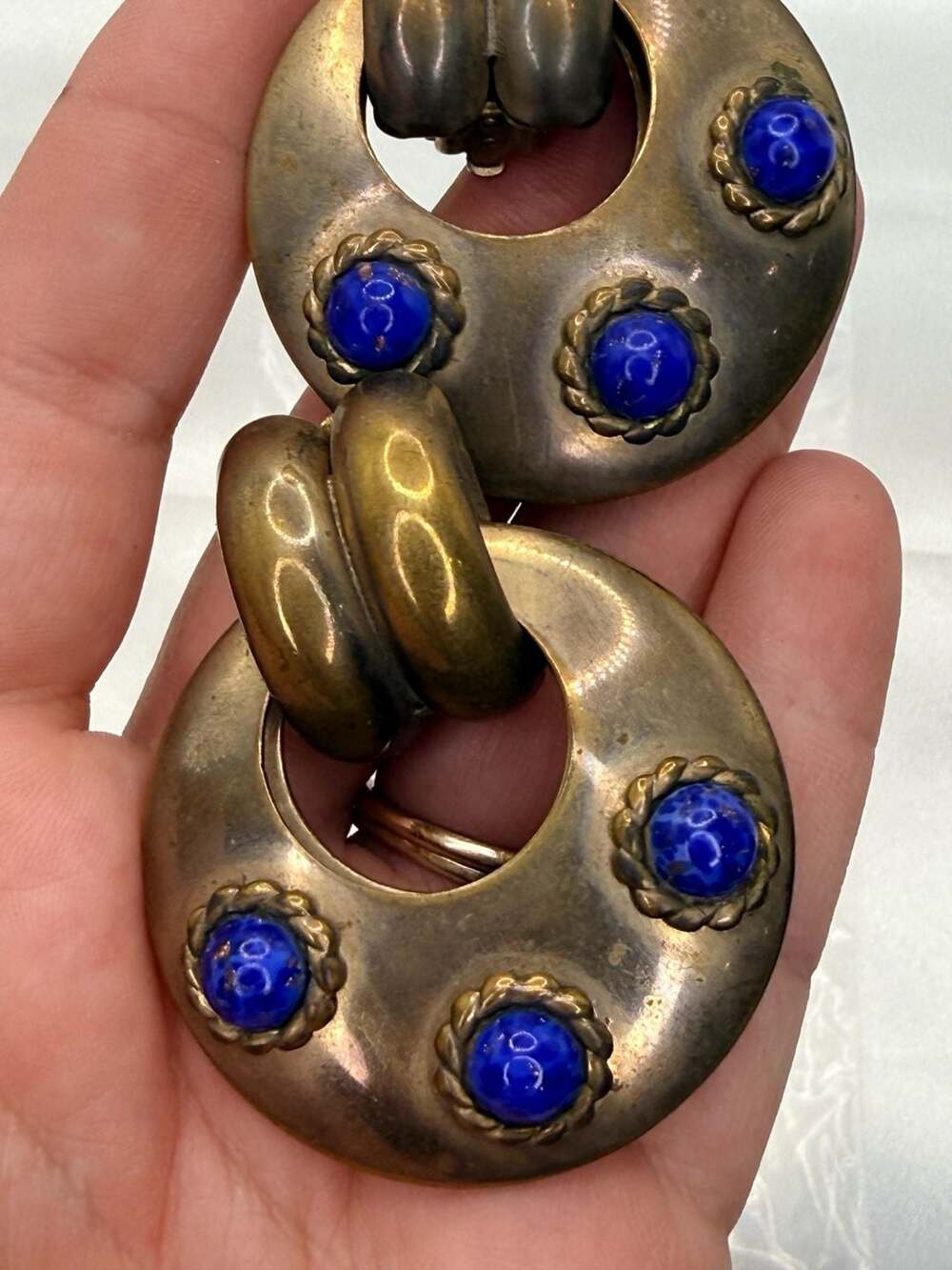 Vintage Gold Tone Blue Cabochon Doorknocker Clip Earrings